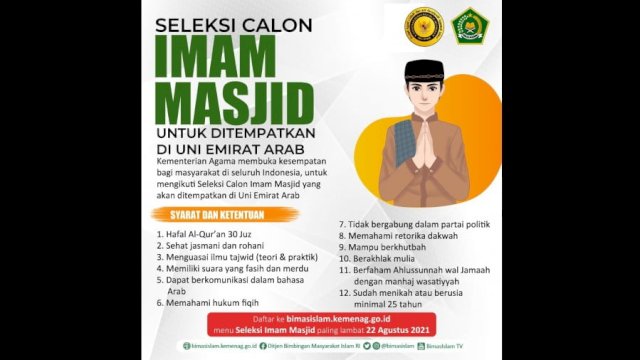 Kemenag Buka Seleksi Imam Masjid Uni Emirat Arab, Begini Daftarnya