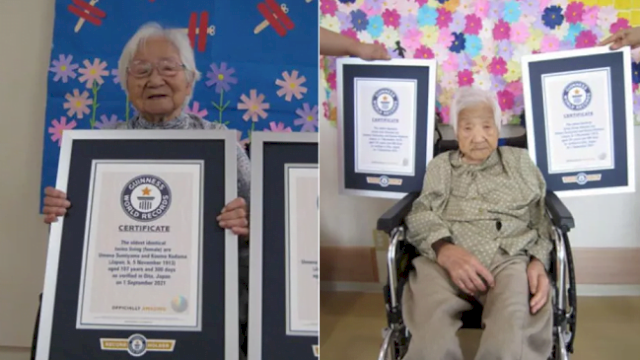 Umeno Sumiyama (kiri) dan Koume Kodama (kanan) menerima sertifikat mereka dari Guinness World Records. (Guinness World Records)