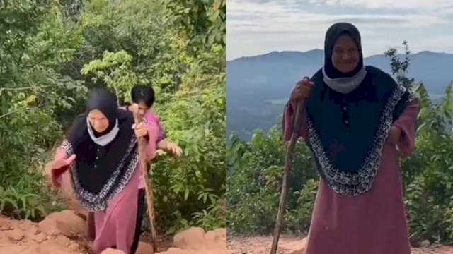 Nenek berumur 74 tahun yang masih bertubuh kuat dan mampu mendaki gunung. (TikTok/haishah.hashram)