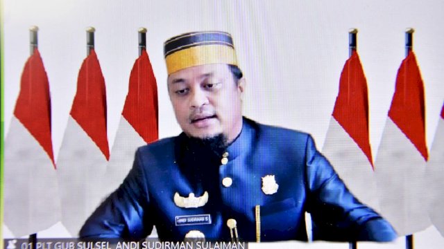 Plt Gubernur Sulsel Andi Sudirman Sulaiman kala menghadiri HUT Luwu ke-754 secara virtual, pada Ahad (23/1/2022). 