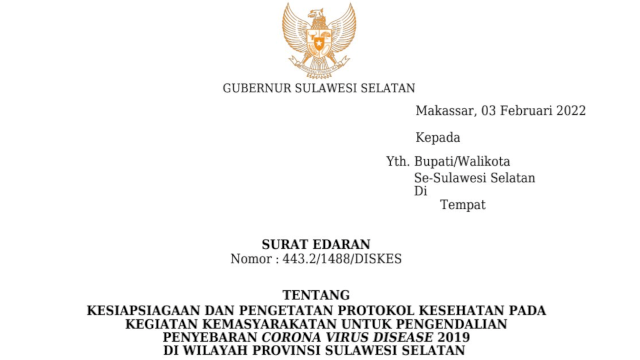 Tangkapan layar Surat Edaran Pemprov Sulsel