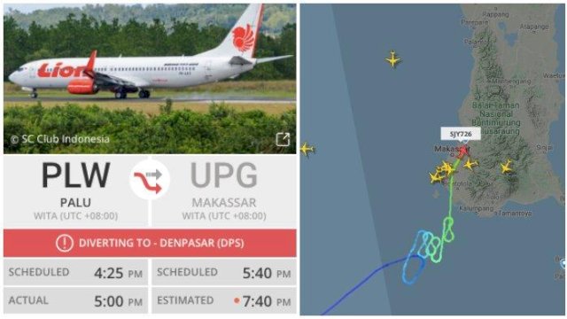 Situs FlightRadar24.com menunjukkan pesawat udara tujuan Bandara Internasional Sultan Hasanuddin Makassar di Maros, Sulawesi Selatan, pada Ahad (20/2/2022), dialihkan pendaratannya akibat cuaca buruk. (Foto: FlightRadar24.com) 