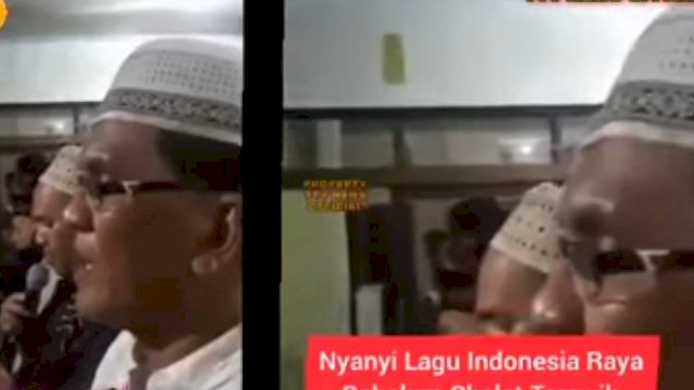 Tangkapan layar yang menampilkan jemaah di sebuah masjid menyanyikan lagu Indonesia raya sebelum melaksanakan shalat tarawih dan menjadi viral di media sosial.