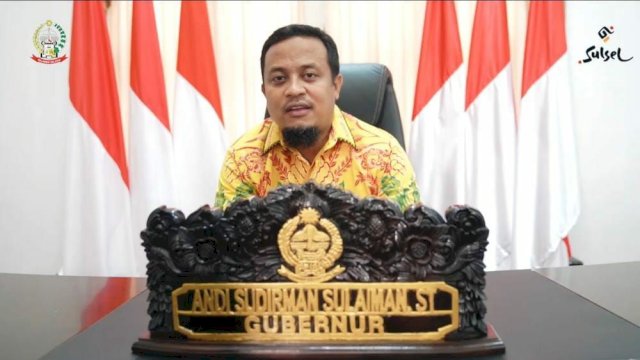 Gubernur Sulsel Andi Sudirman Sulaiman saat memberi sambutan secara virtual dalam acara yang digelar Pengurus Pusat Perhimpunan Masyarakat Toraja Indonesia (PMTI) pada acara 18 Tahun PMTI. (Dok Humas Pemprov) 