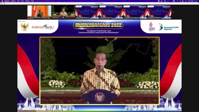 Tangkapan layar Presiden Jokowi memberikan arahan pada Musrenbang Nasional 2022 dalam rangka penyusunan Rencana Kerja Pemerintah (RKP) 2023 secara virtual, pada Kamis (28/4/2022).