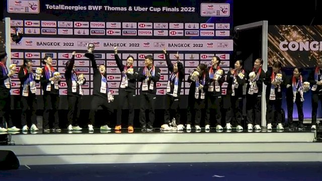 Tim Uber Korea Selatan akhirnya sukses meraih medali emas Uber Cup 2022 yang berlangsung di Impact Arena, Bangkok, Thailand, pada Sabtu (14/5/220). (Tangkapan layar YouTube BWF) 