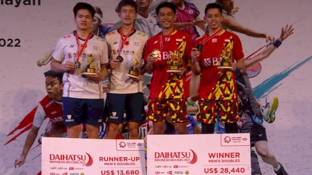 Ganda Putra Indonesia, Fajar Alfian/Muh Rian Ardianto berhasil keluar sebagai juara Indonesia Masters 2022. (Tangkapan layar BWF TV) 