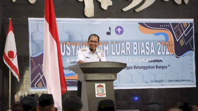 Wali Kota Makassar, Moh. Ramdhan ‘Danny’ Pomanto saat membuka secara resmi Musyawarah Luar Biasa di Baruga Anging Mammiri, Rabu (22/6/22).