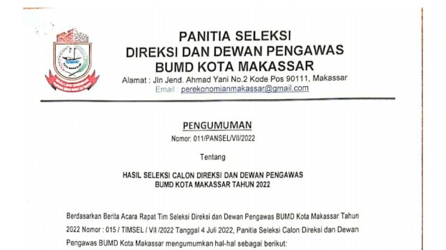 Ini Hasil Seleksi Direksi dan Dewas BUMD Kota Makassar