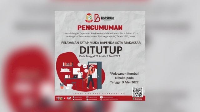 Layanan Tatap Muka Bapenda Makassar Ditutup dari 29 April – 6 Mei 2022