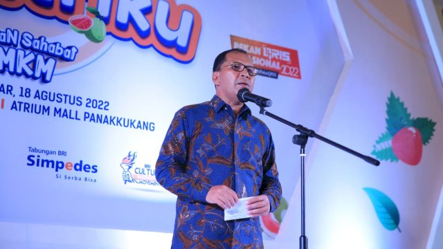 Wali Kota Makassar, Moh Ramdhan Pomanto saat memberikan sambutan dalam kegiatan Bazaar Klaster Mantriku yang digelar Kantor Cabang BRI Makassar, di Mall Panakkukang, Kamis (18/8/2022).