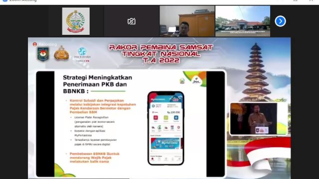 Gubernur Sulawesi Selatan Andi Sudirman Sulaiman diundang menjadi narasumber pada kegiatan Rakor Pembina SAMSAT Tingkat Nasional 2022 dengan tema: Revitalisasi Pelayanan Samsat Guba Mewujudkan Pelayanan Publik yang Presisi Dalam Rangka Mendukung Pemulihan Ekonomi Nasional di Hotel Discovery Kartika Plaza, Kuta, Kabupaten Badung, Provinsi Bali, pada Rabu (24/8/2022).