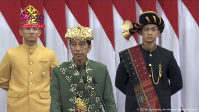 Presiden Joko Widodo (Jokowi) kembali menyampaikan pidato tahunannya di Sidang Tahunan MPR RI, pada Selasa (16/8/2022). (Tangkapan layar YouTube Sekretariat Presiden) 