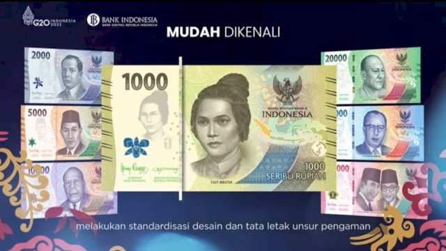 Bank Indonesia (BI) resmi merilis 7 uang rupiah kertas baru tahun emisi 2022. Uang kertas baru itu pecahan Rp1.000, Rp2.000, Rp5.000, Rp10.000, Rp20.000, Rp50.000, dan Rp100.000. (Tangkapan layar YouTube Bank Indonesia) 