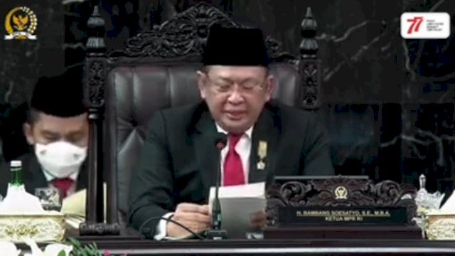 Ketua MPR RI Bambang Soesatyo saat Sidang Tahunan 2022 dalam rangka memperingati Hari Ulang Tahun Ke-77 RI di Ruang Rapat Paripurna Gedung Nusantara, Selasa (16/8/2022)