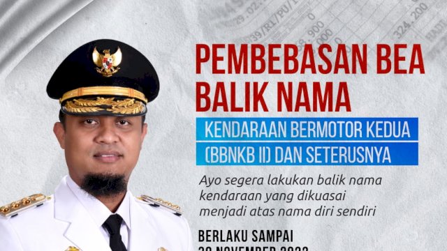 Badan Pendapatan Daerah (Bapenda) Provinsi Sulawesi Selatan (Sulsel) mulai memberlakukan mekanisme pembebasan Bea Balik Nama Kendaraan Bermotor Kedua (BBNKB-II) yang berlaku sejak 1 September hingga 30 November 2022.