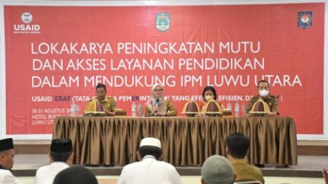 Lokakarya Peningkatan Mutu dan Akses Layanan Pendidikan dalam Mendukung Indeks Pembangunan Manusia (IPM) Kabupaten Lutra di Aula Hotel Bukit Indah, Masamba (30/8/2022)