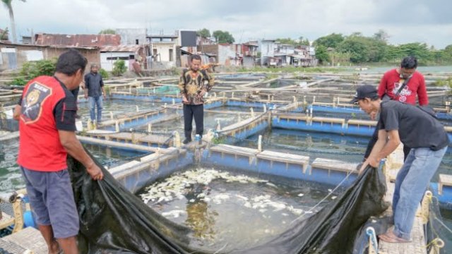 Gubernur Sulawesi Selatan (Sulsel), Andi Sudirman Sulaiman saat meninjau usaha perikanan warga keramba apung di Balang Baru, Kecamatan Tamalate, Kota Makassar, Minggu, 2 Oktober 2022.