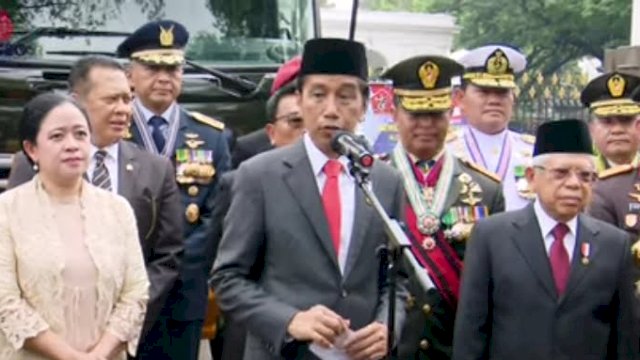 Presiden Jokowi usai upacara peringatan HUT ke-77 TNI di Istana Merdeka, Jakarta, Rabu (5/10/2022).