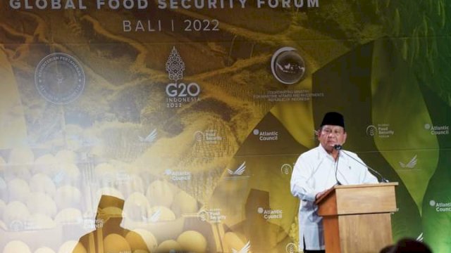 Menteri Pertahanan RI, Prabowo Subianto saat menjadi pembicara di Global Food Security Forum yang merupakan rangkaian dari KTT G20, Nusa Dua Bali, Minggu (13/11/2022). (Tim Media Prabowo Subianto)