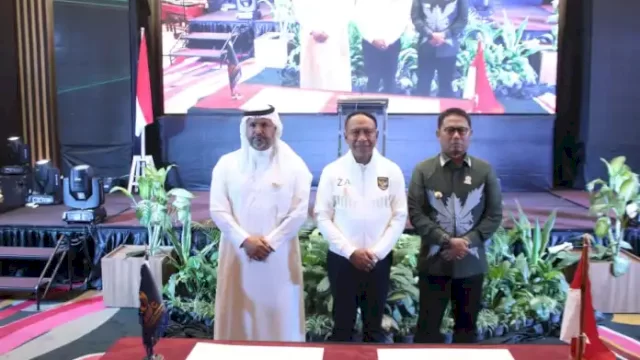 Penjabat Gubernur Gorontalo bersama Menteri Pemuda dan Olahraga Republik Indonesai (Menpora RI) Zainudin Amali resmikan peluncuran logo dan maskot Asian Mini Football Championship 2023 di Aston Hotel Gorontalo, Jumat, (16/9/2022).