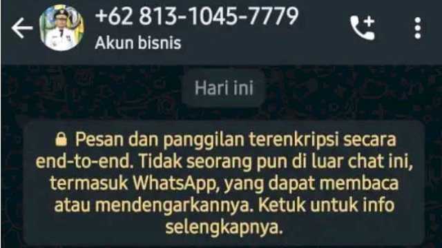 Tangkapan layar akun WhatsApp yang menggunakan nama Penjagub Hamka Hendra Noer untuk melakukan penipuan.