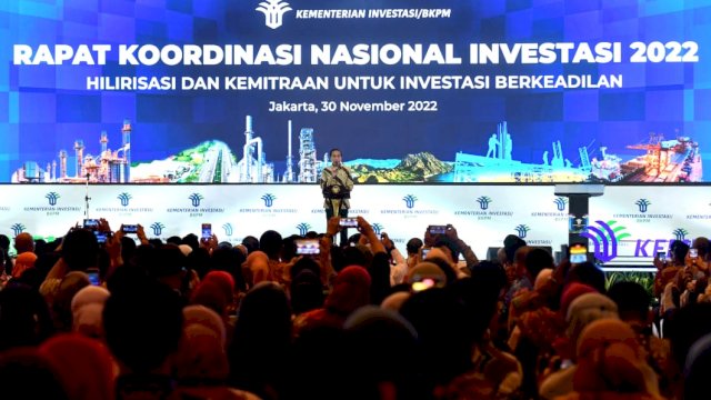 Presiden Jokowi saat membuka Rapat Koordinasi Nasional (Rakornas) Investasi Tahun 2022 di The Ritz-Carlton, Jakarta, Rabu (30/11/2022).