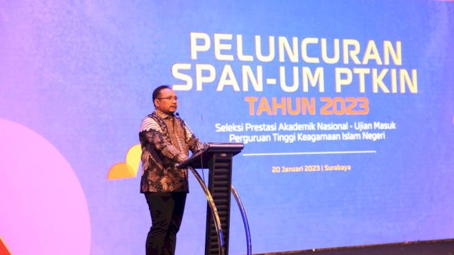 Dokumentasi Menteri Agama Yaqut Cholil Qoumas saat merilis SPAN-UM PTKIN Tahun Akademik 2023 di Surabaya, Jumat (20/1)2023)