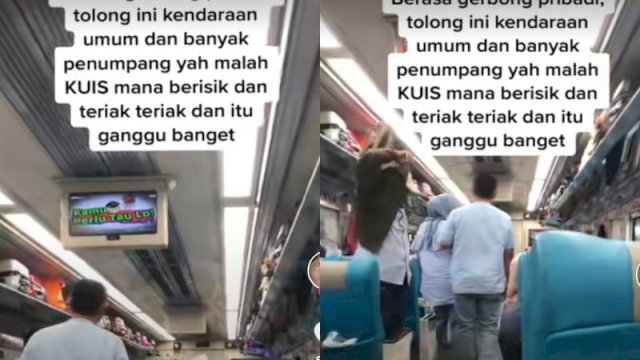 Tangkapan layar sejumlah penumpang bermain kuis di dalam gerbong kereta api. TikTok.com/@lodya_pitasari