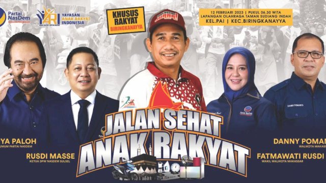 Yayasan Anak Rakyat Indonesia (YARI) akan kembali menggelar jalan sehat yang berlangsung di Lapangan Kompleks Citra Sudiang Indah (Depan Kantor Lurah PAI), Kecamatan Biringkanaya, Kota Makassar, Minggu (12/2/2023). 