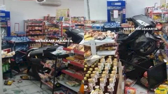 Tangkapan layar kondisi minimarket usai ditabrak pengendara motor di Jakarta Selatan. Foto: Instagram @merekamjakarta