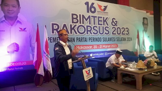 Partai Perindo Sulsel menggelar bimbingan teknis (Bimtek) dan Rapat Koordinasi Khusus (Rakorsus) Pemenangan di Hotel Dalton, Makassar, pada Senin (20/3/2023). 