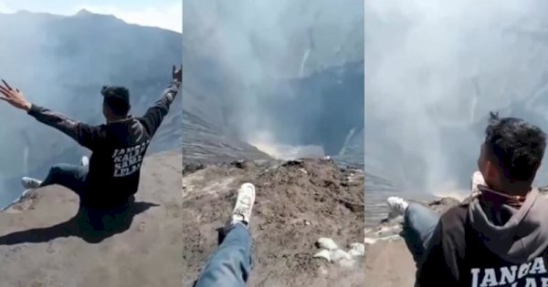 Viral Seorang Pria Nekat Duduk di Tepi Kawah Gunung, Tuai Kritik Netizen