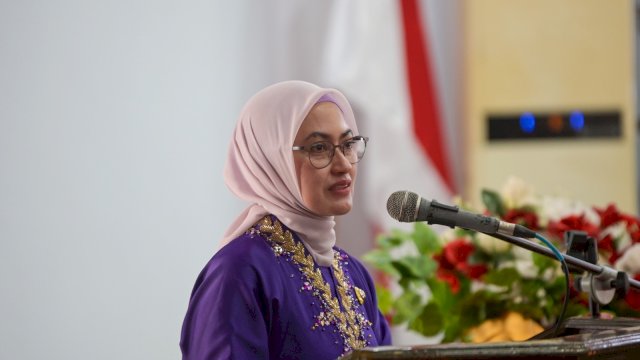 Bupati Luwu Utara, Indah Putri Indriani pada Peringatan HUT ke-24 Kabupaten Luwu Utara yang dilaksanakan dalam Rapat Paripurna Istimewa di Gedung DPRD Kabupaten Luwu Utara, Kamis (27/4/2023).