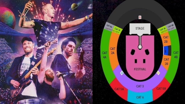 Seat plan konser Coldplay di SUGBK pada 15 November 2023. (Kolase Instagram @coldplay dan @pkentertainment.id)