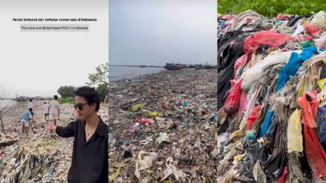 Tangkapan layar penampakan pantai terkotor dan terburuk nomor satu di Indonesia (Tiktok @pandawaragroup)