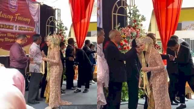 Momen siswi SMP mengenakan kebaya pengantin saat wisuda. (Tiktok.com @shin3yyaa)