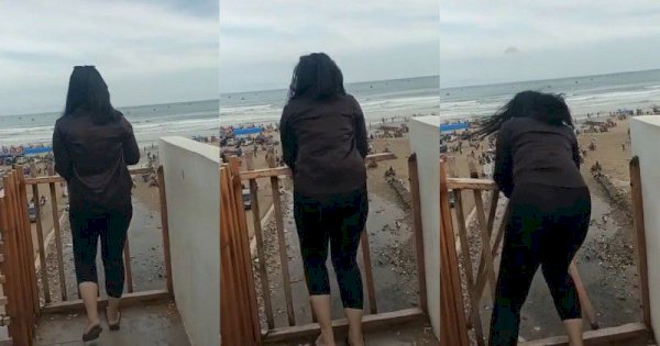 Viral Seorang Wanita Hampir Jatuh Terperosok dari Atas Menara di Pantai Bagedur