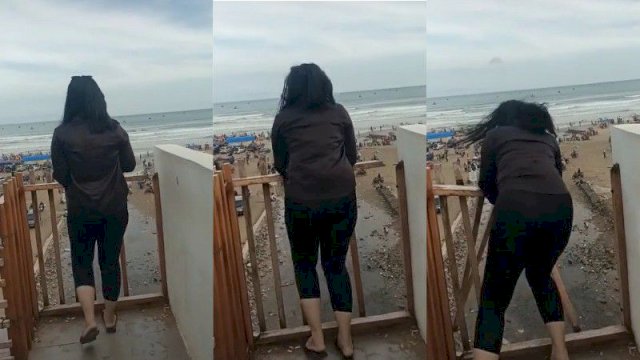 Seorang wanita nyaris terjatuh dari menara pandang di Pantai Bagedur (Tangkapan Layar TikTok @laladamayanti1)