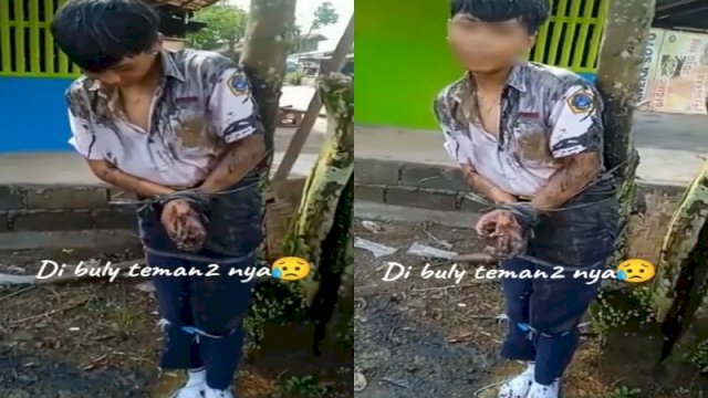 Seorang siswa dibully teman-temannya dengan diikat di pohon dan disiram air got. (Tangkapan layar TikTok @fishing_devil)