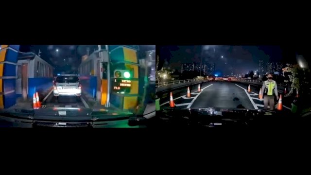 Sebuah mobil dicegat petugas karena dikira tidak bayar tol. (Tangkapan layar Instagram @fakta.jakarta)