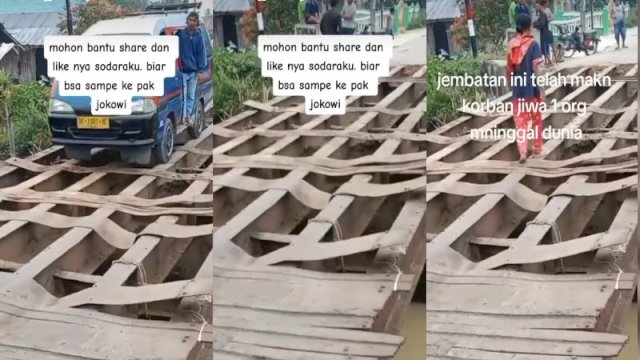 Mobil angkot dan warga tengah melintas di atas jembatan rusak di Serdang Bedagai, Sumatera Utara. (Tangkapan layar Instagram @terang_media)