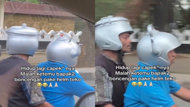 Dua bapak-bapak pakai helm berbentuk teko dan panci. (Tangkapan Layar Tiktok @snacknyamnyammm)