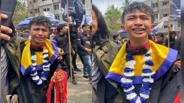 Tangis haru tidak mampu dibendung seorang mahasiwa yang akhirnya wisuda setelah kuliah 14 semester. (Tangkapan layar TikTok @kuraakurraa)