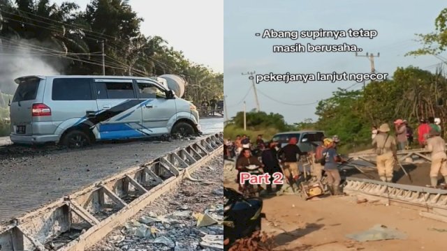 Sebuah minibus terjebak di jalan cor yang masih basah. (Tangkapan layar Tiktok @khairulbahari23)