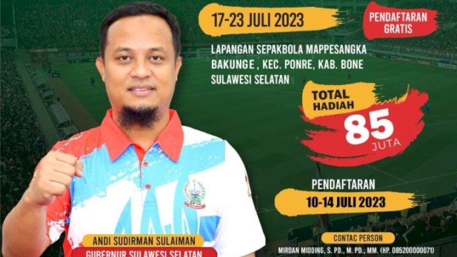 Pemerintah Provinsi Sulawesi Selatan (Sulsel) melalui Dinas Pemuda dan Olahraga (Dispora) akan menggelar Kejuaraan Sepakbola Piala Gubernur U20, yang akan diikuti 24 kabupaten kota se Sulsel yang akan dipusatkan di Lapangan Sepakbola Mappasengka Bakunge, Kecamatan Ponre, Kabupaten Bone, 17 - 23 Juli 2023 mendatang.