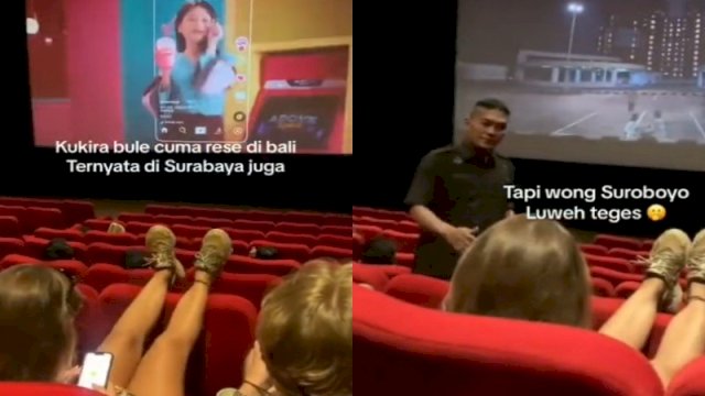 Sebuah video yang merekam detik-detik aksi seorang bule atau warga negara asing (WNA) menaikkan kakinya ke atas kursi saat berada di dalam bioskop menjadi sorotan di media sosial. Video aksi bule tersebut langsung viral setelah diunggah oleh akun TikTok @charmy1997_.