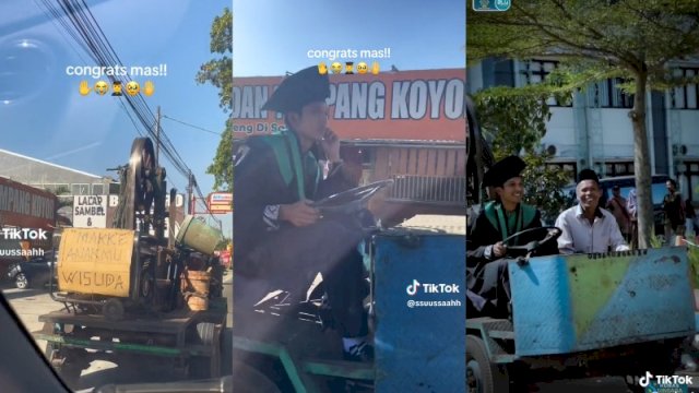 Seorang mahasiswa berangkat wisuda naik mobil diesel. (Kolase tangkapan layar akun TikTok @ssuussaahh dan @reydayat)