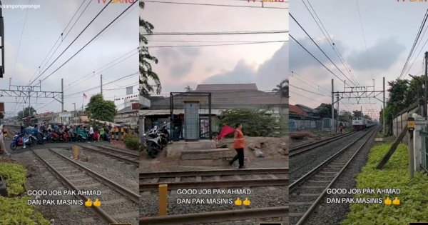 Viral Kereta Api Mengalah Gegara Pemotor Nekat Terobos Palang Perlintasan