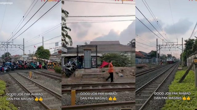 Masinis terpaksa menghentikan kereta api karena para pemotor terobos palang perlintasan. (Tiktok @tvsangongeonge)